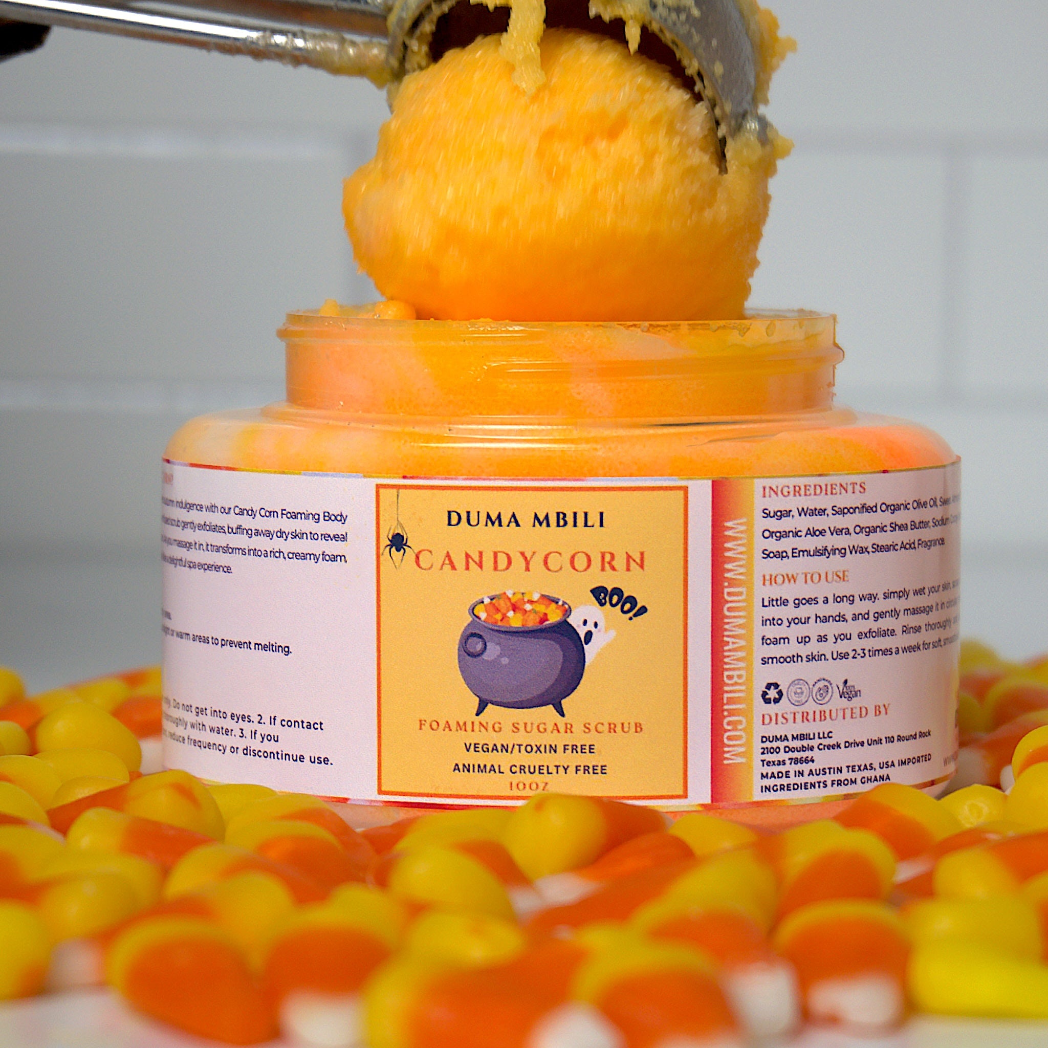 ndulge in a playful burst of Halloween magic with our Candy Corn Foaming Sugar Scrub! This gentle exfoliator is packed with sugar crystals to buff away dull skin, while transforming into a creamy foam that leaves your skin feeling soft, smooth, and refreshed.