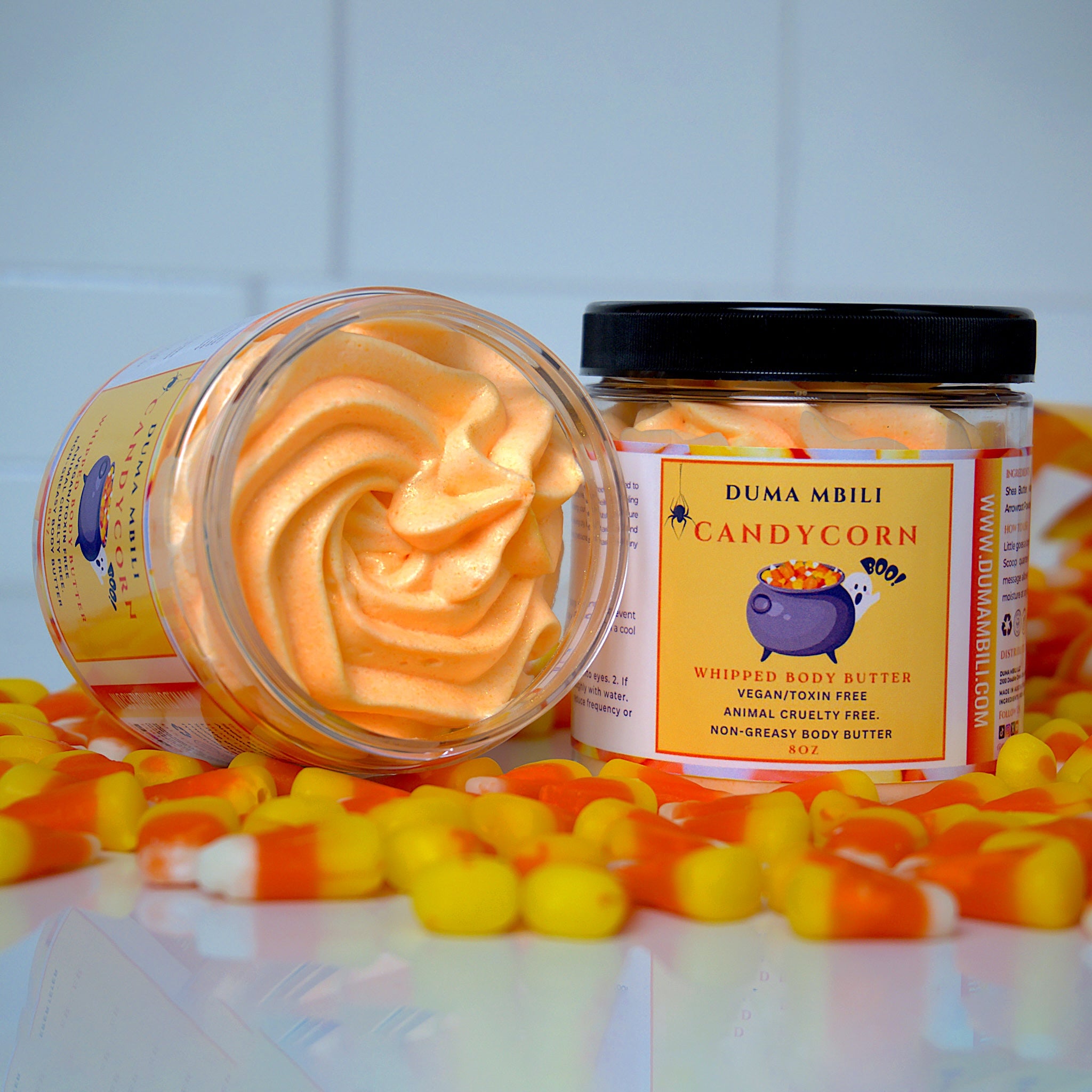 Bring the fun of Halloween to your skincare routine with our Candy Corn Body Butter! This ultra-creamy, rich moisturizer delivers long-lasting hydration while enveloping you in the nostalgic scent of sweet vanilla, honeyed caramel, and a hint of buttery goodness.