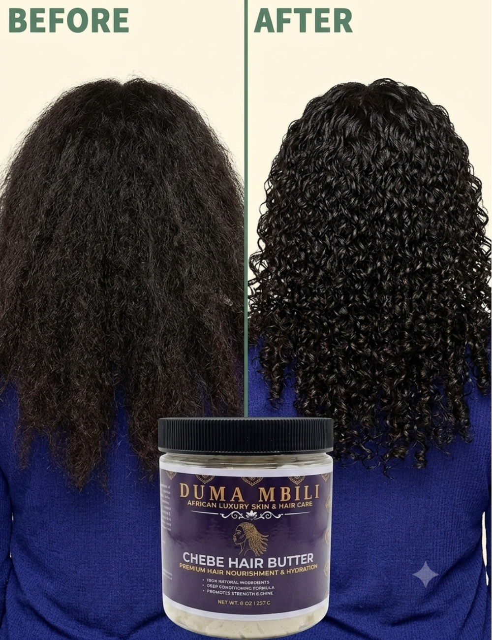 Before and after comparison of hair with Duma Mbili Chebe Hair Butter.