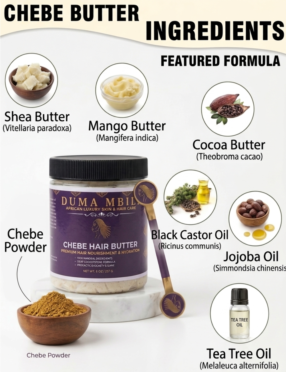 Duma Mbili Chebe Hair Butter with listed ingredients on a white background
