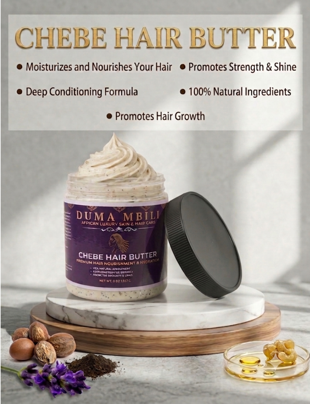 Duma Mobi Chebe Hair Butter jar with ingredients on a marble surface