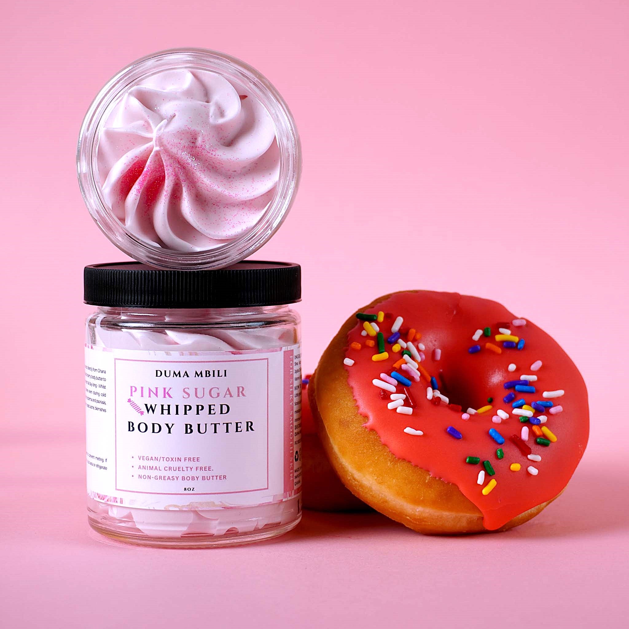 **Pink Sugar Body Butter** Indulge your skin with our Pink Sugar Body Butter, a luxurious blend designed to deeply hydrate and soften. Infused with shea butter, coconut oil, and a sweet, playful pink sugar scent, this body butter leaves your skin feeling smooth and smelling irresistible. Perfect for everyday use, it absorbs quickly without leaving a greasy residue. Pamper yourself with the delightful sweetness of Pink Sugar Body Butter and experience silky, radiant skin.