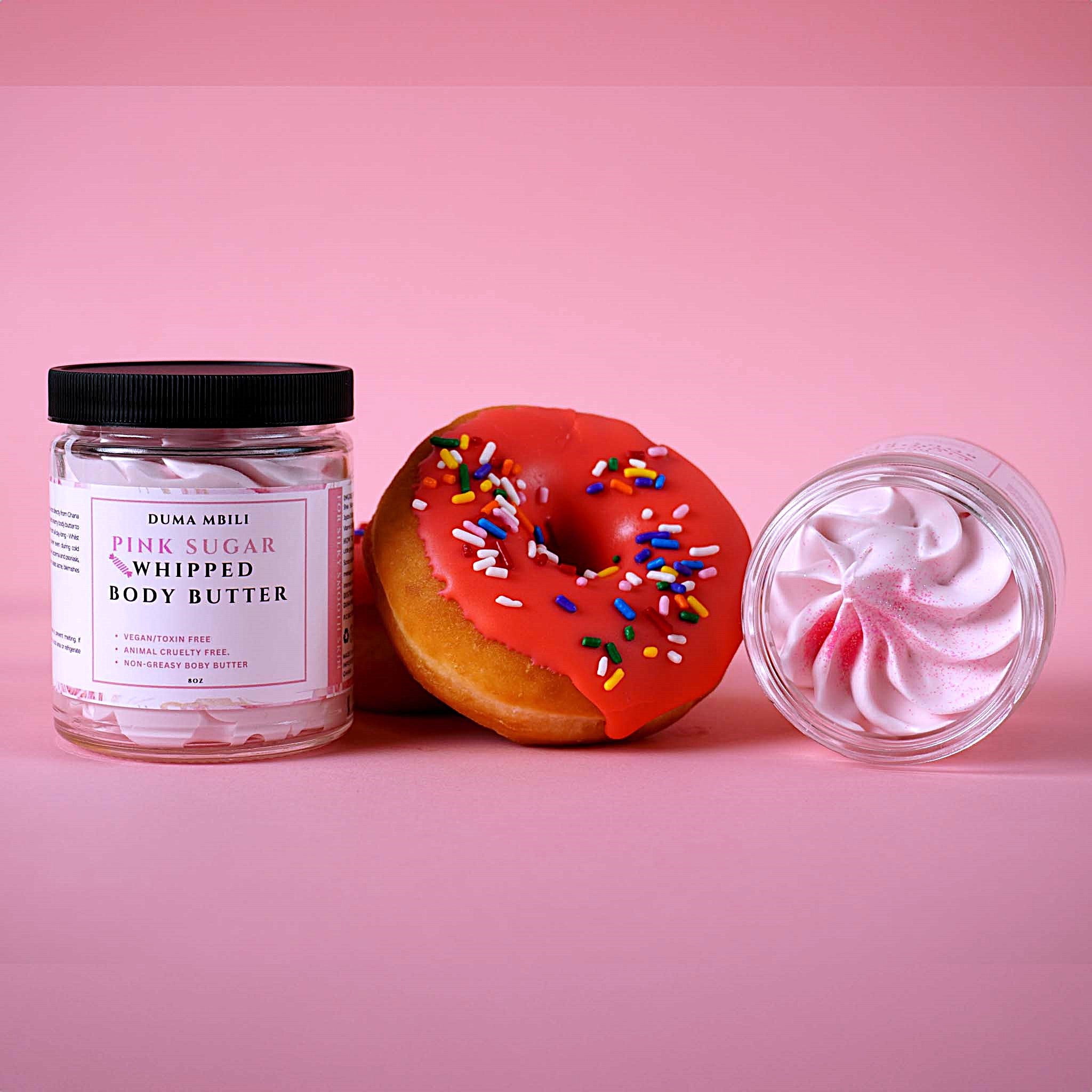 **Pink Sugar Body Butter** Indulge your skin with our Pink Sugar Body Butter, a luxurious blend designed to deeply hydrate and soften. Infused with shea butter, coconut oil, and a sweet, playful pink sugar scent, this body butter leaves your skin feeling smooth and smelling irresistible. Perfect for everyday use, it absorbs quickly without leaving a greasy residue. Pamper yourself with the delightful sweetness of Pink Sugar Body Butter and experience silky, radiant skin.