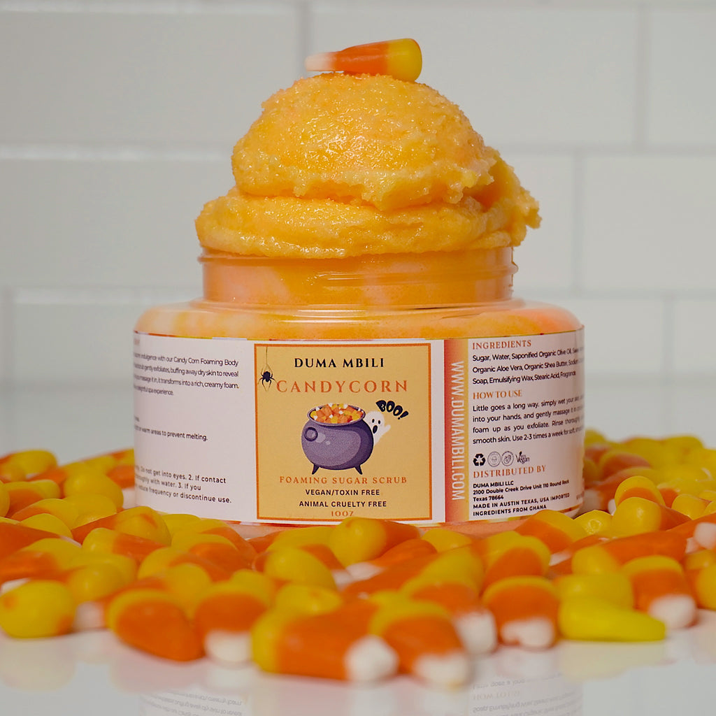 ndulge in a playful burst of Halloween magic with our Candy Corn Foaming Sugar Scrub! This gentle exfoliator is packed with sugar crystals to buff away dull skin, while transforming into a creamy foam that leaves your skin feeling soft, smooth, and refreshed.