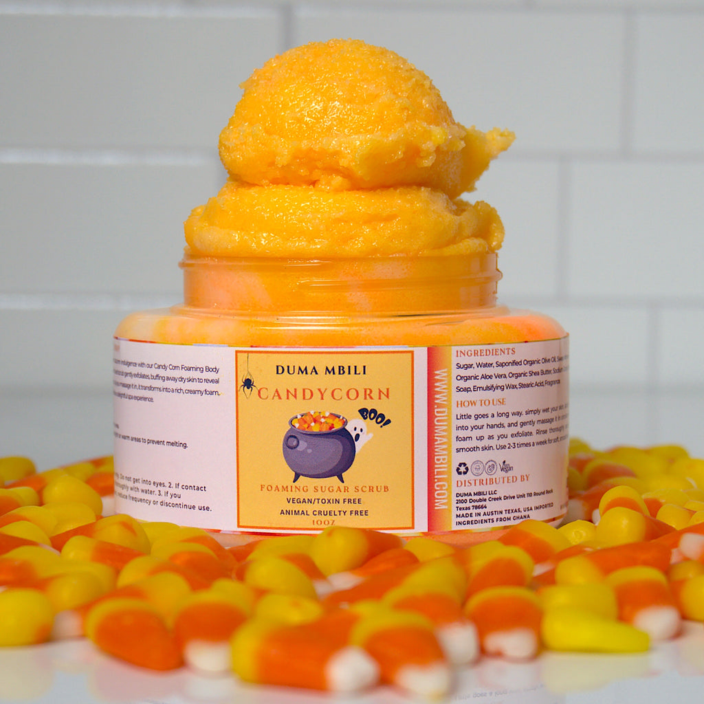 ndulge in a playful burst of Halloween magic with our Candy Corn Foaming Sugar Scrub! This gentle exfoliator is packed with sugar crystals to buff away dull skin, while transforming into a creamy foam that leaves your skin feeling soft, smooth, and refreshed.