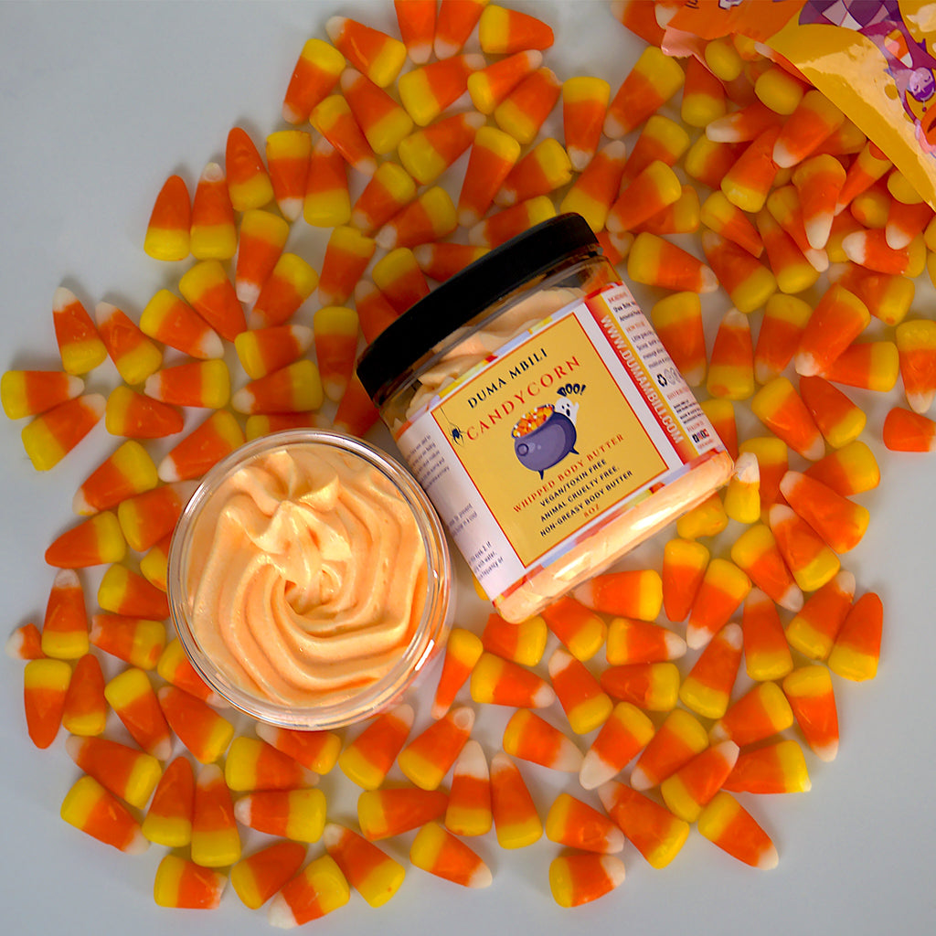 Bring the fun of Halloween to your skincare routine with our Candy Corn Body Butter! This ultra-creamy, rich moisturizer delivers long-lasting hydration while enveloping you in the nostalgic scent of sweet vanilla, honeyed caramel, and a hint of buttery goodness.