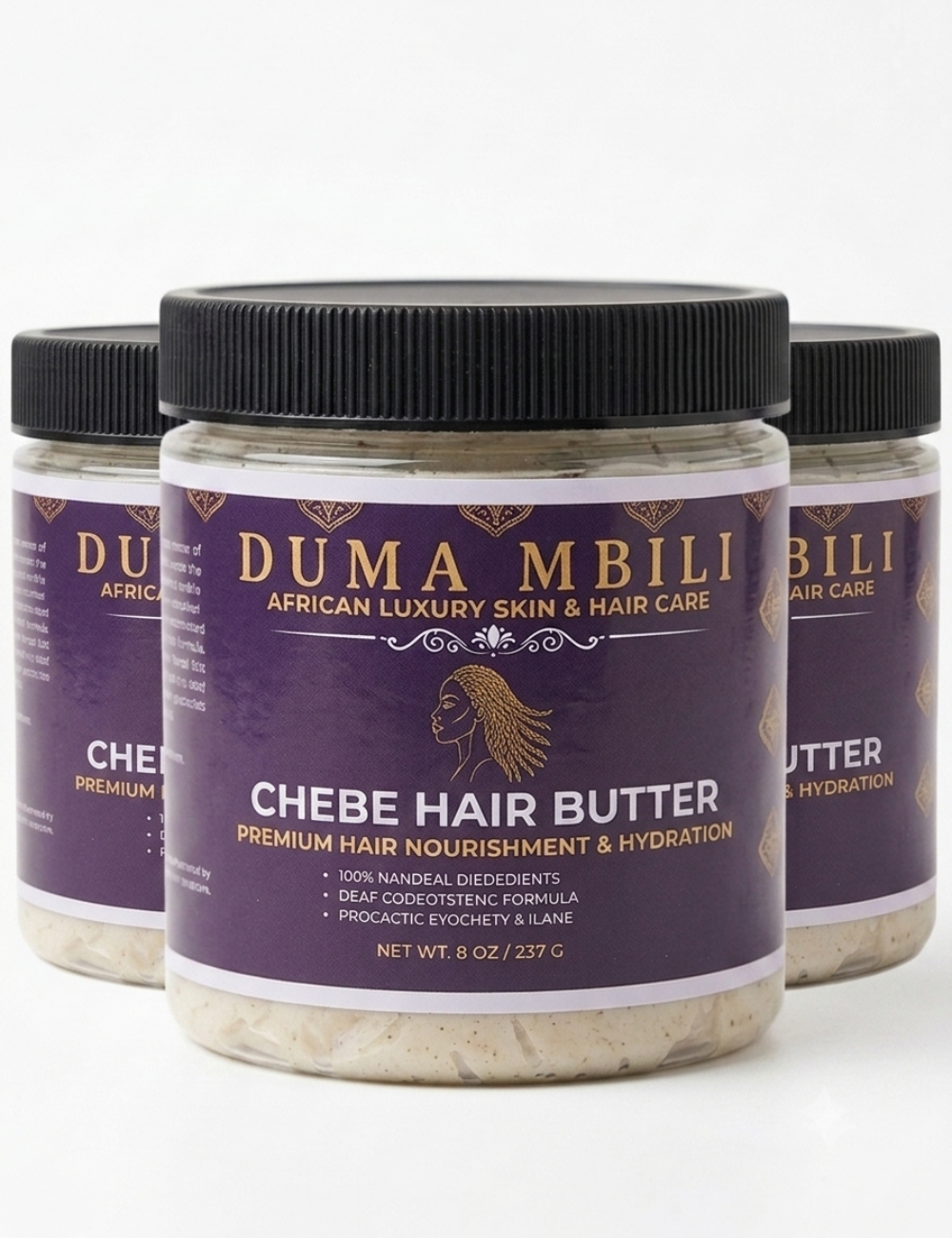 Three jars of Duma Mbilli Chebe Hair Butter on a white background