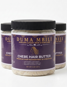 Three jars of Duma Mbilli Chebe Hair Butter on a white background