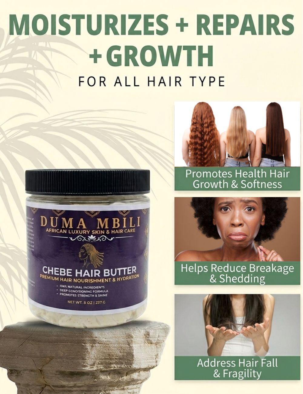 Duma Mbili Chebe Hair Butter with text highlighting benefits on a natural background
