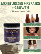 Duma Mbili Chebe Hair Butter with text highlighting benefits on a natural background