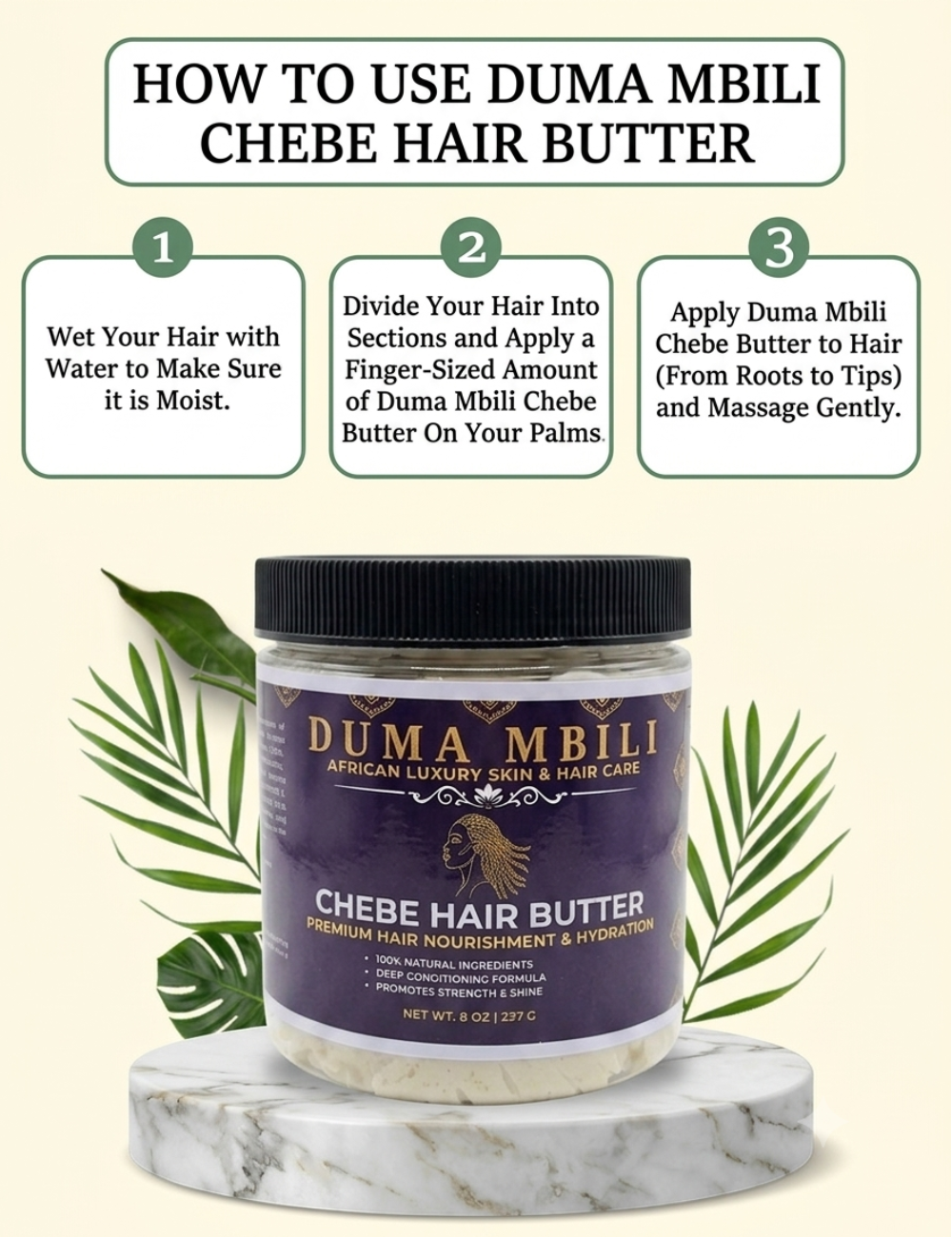 Duma Mbili Chebe Hair Butter with usage instructions on a beige background
