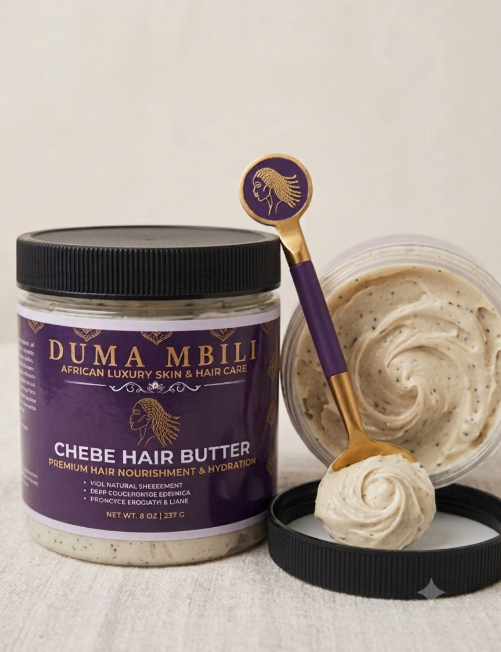 Duma Mbili Chebe Hair Butter with a spoonful of butter on a neutral background