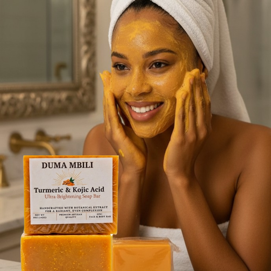Woman applying a turmeric and kojic acid face mask with Duma Mbili soap bars in the foreground.