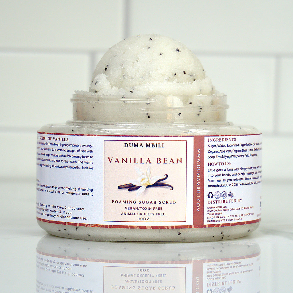 ndulge your senses and skin with our Vanilla Bean Foaming Body Scrub, a sweetly-scented exfoliator that transforms your shower into a soothing escape. Infused with real vanilla bean, this gentle scrub blends sugar crystals with a rich, creamy foam to buff away dry skin, leaving it smooth, radiant, and soft to the touch.