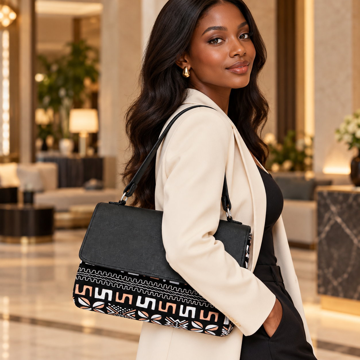 Model wearing the Hananie black mudcloth print shoulder bag with a cream blazer and elegant outfit.