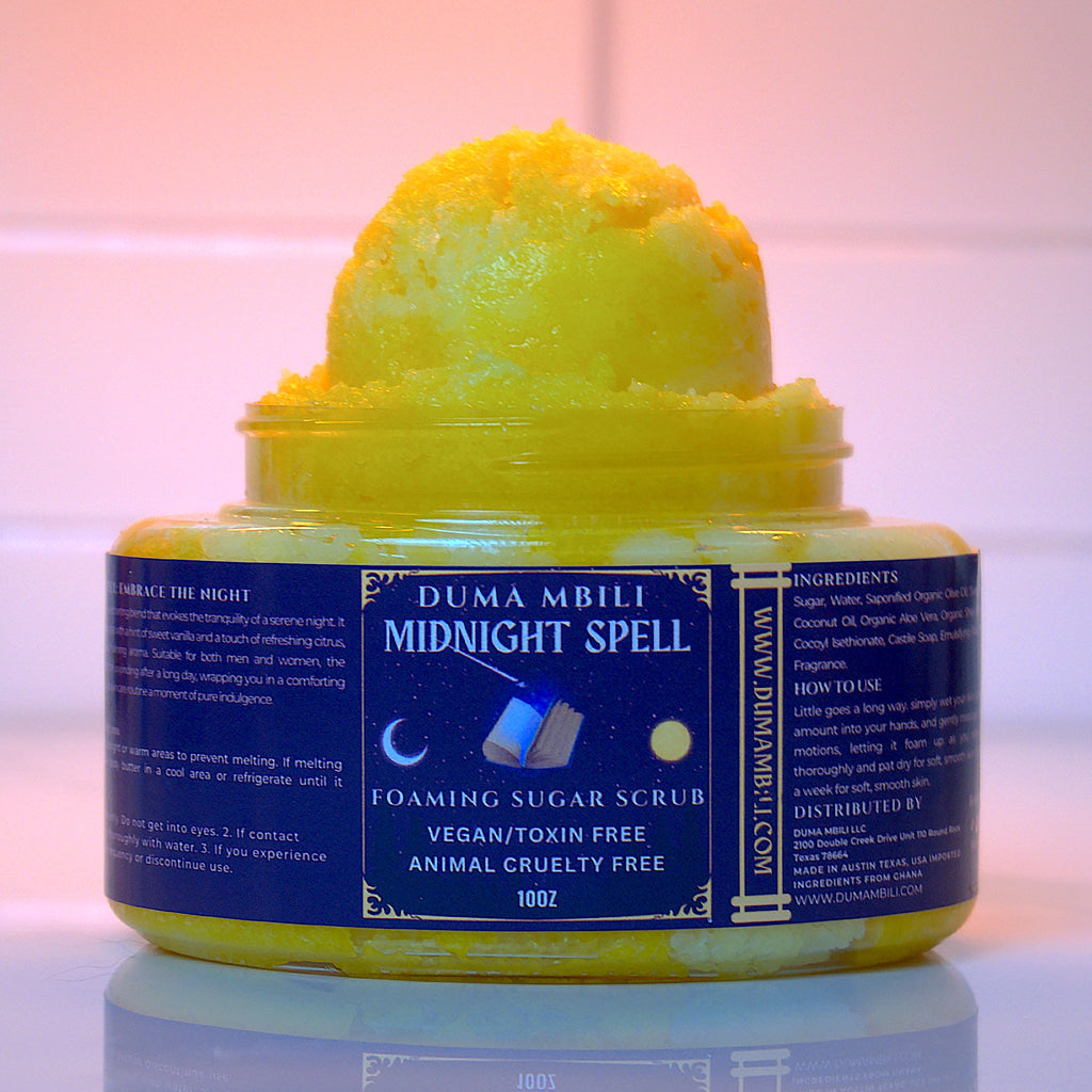 tep into a world of mystery and allure with our Midnight Spell Foaming Sugar Scrub. This captivating scrub combines fine sugar crystals with a rich, foamy lather to gently exfoliate, leaving your skin soft, smooth, and glowing. Infused with a seductive blend of amber, black cherry, and warm spices, this scrub brings a hint of magic to your shower, transforming your routine into an enchanting experience.