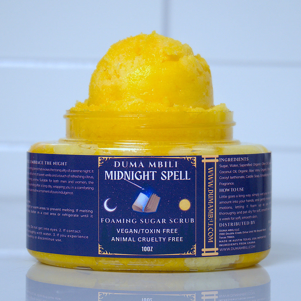 tep into a world of mystery and allure with our Midnight Spell Foaming Sugar Scrub. This captivating scrub combines fine sugar crystals with a rich, foamy lather to gently exfoliate, leaving your skin soft, smooth, and glowing. Infused with a seductive blend of amber, black cherry, and warm spices, this scrub brings a hint of magic to your shower, transforming your routine into an enchanting experience.