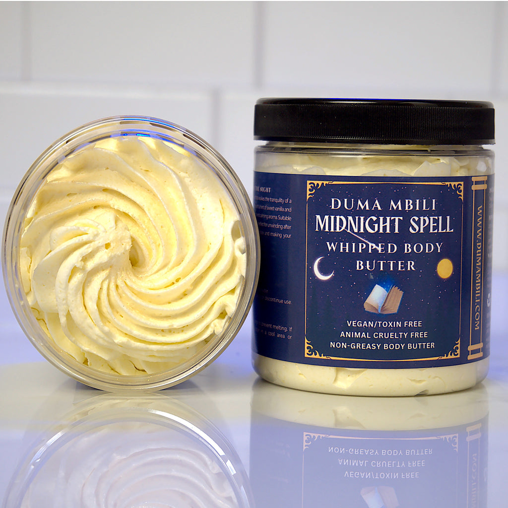 Wrap yourself in the rich, enchanting scent of our Midnight Spell Body Butter. This luxuriously creamy formula melts into your skin, delivering deep, lasting hydration and a velvety softness that feels magical. Infused with a captivating blend of amber, black cherry, and warm spices, Midnight Spell is designed to bring a sense of mystery and allure to your skincare routine.