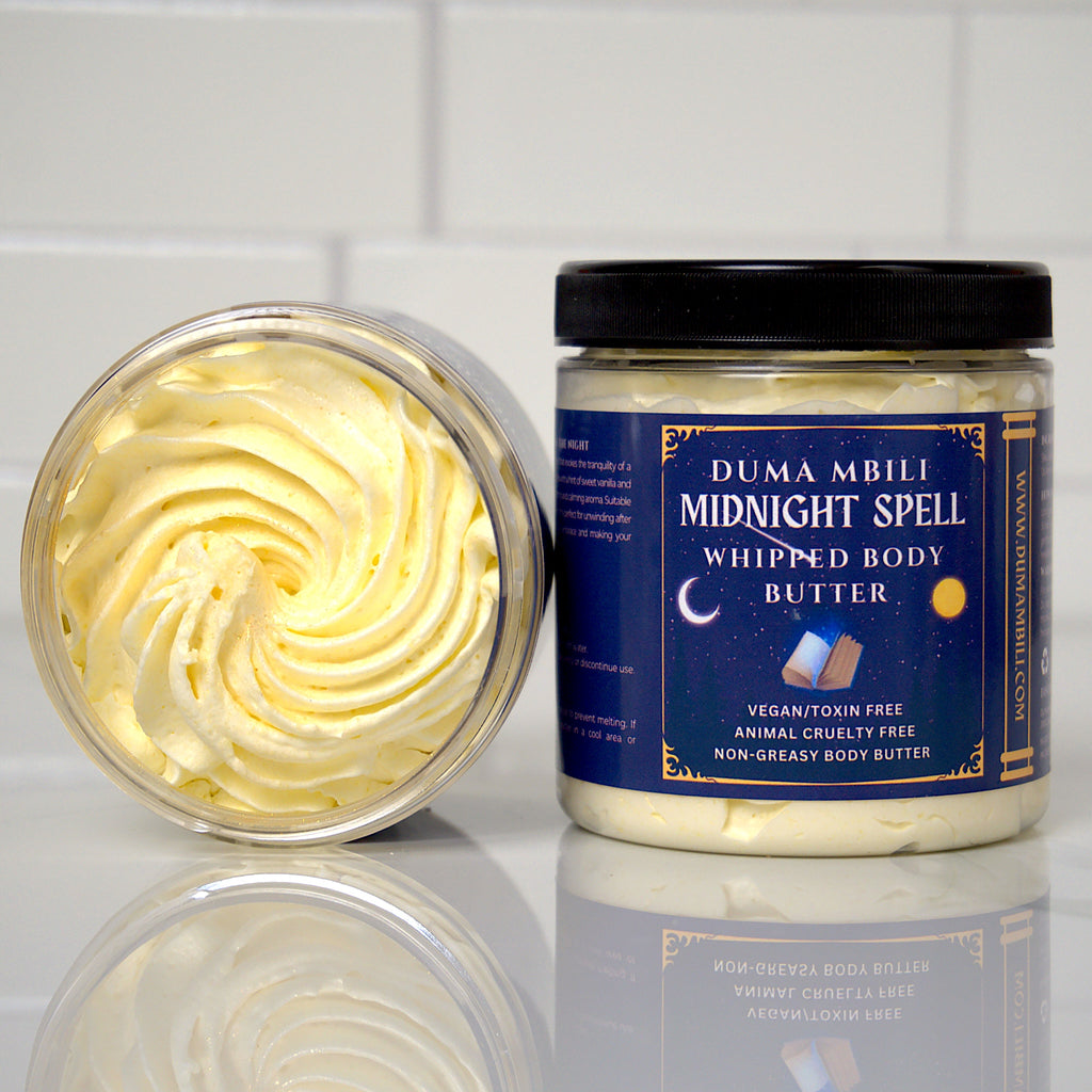 Wrap yourself in the rich, enchanting scent of our Midnight Spell Body Butter. This luxuriously creamy formula melts into your skin, delivering deep, lasting hydration and a velvety softness that feels magical. Infused with a captivating blend of amber, black cherry, and warm spices, Midnight Spell is designed to bring a sense of mystery and allure to your skincare routine.