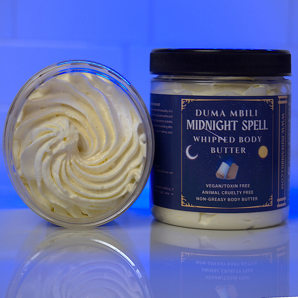 Wrap yourself in the rich, enchanting scent of our Midnight Spell Body Butter. This luxuriously creamy formula melts into your skin, delivering deep, lasting hydration and a velvety softness that feels magical. Infused with a captivating blend of amber, black cherry, and warm spices, Midnight Spell is designed to bring a sense of mystery and allure to your skincare routine.