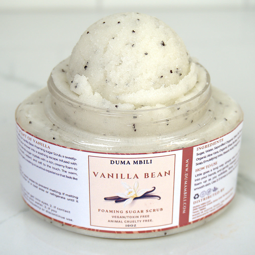 ndulge your senses and skin with our Vanilla Bean Foaming Body Scrub, a sweetly-scented exfoliator that transforms your shower into a soothing escape. Infused with real vanilla bean, this gentle scrub blends sugar crystals with a rich, creamy foam to buff away dry skin, leaving it smooth, radiant, and soft to the touch.