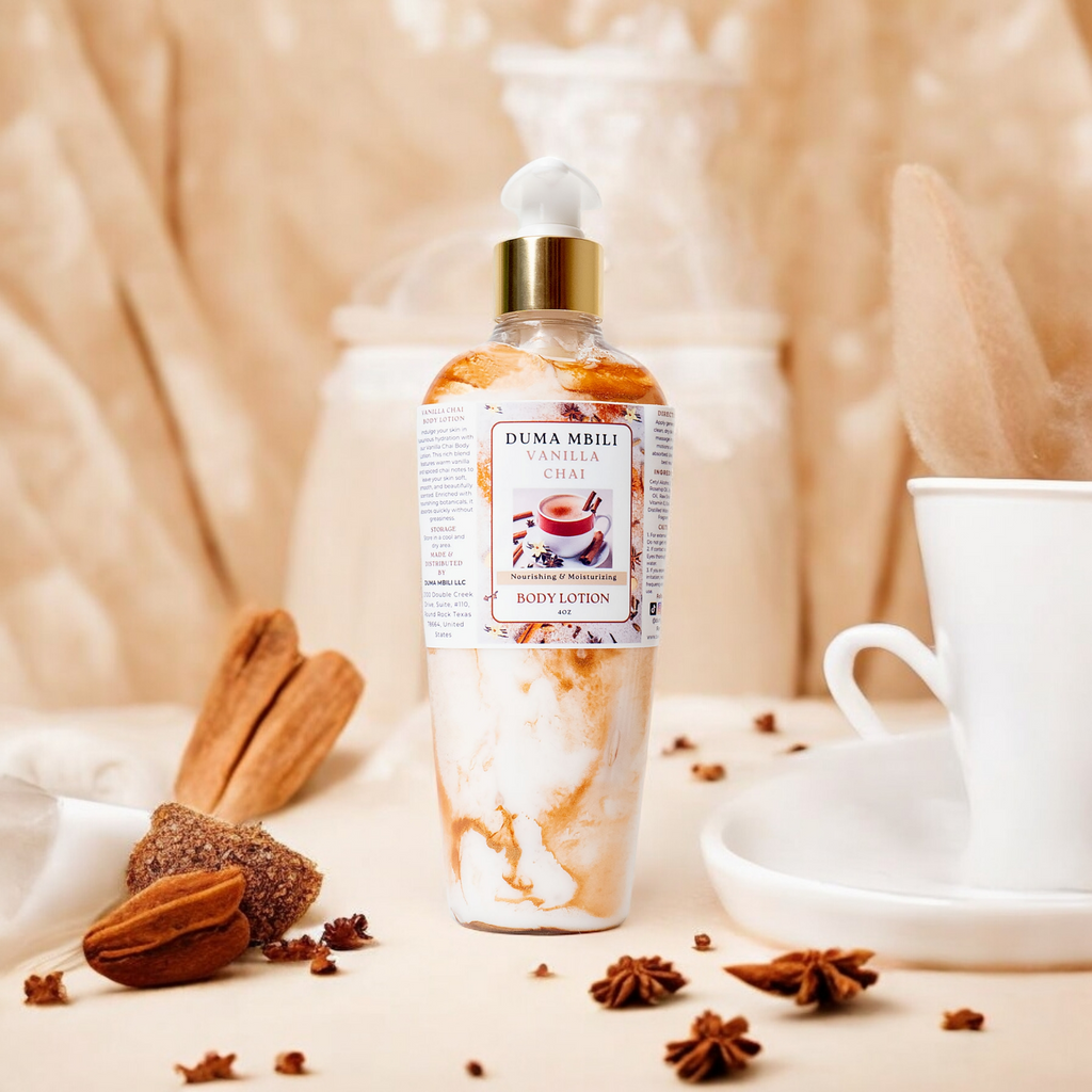 A bottle of Vanilla Chai Body Lotion with a rich, creamy formula, infused with warm vanilla, cinnamon, and cardamom for deep hydration.