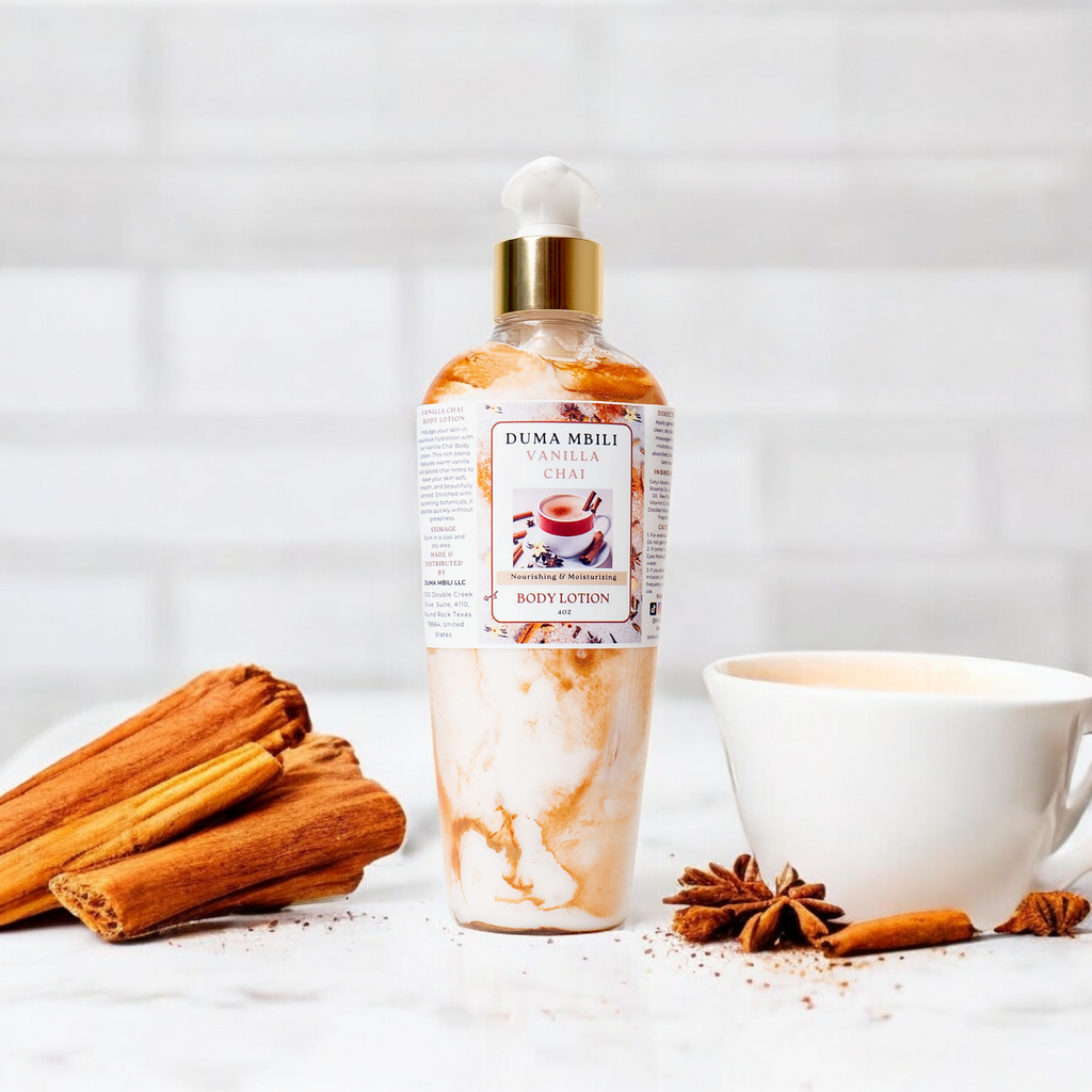 A bottle of Vanilla Chai Body Lotion with a rich, creamy formula, infused with warm vanilla, cinnamon, and cardamom for deep hydration.