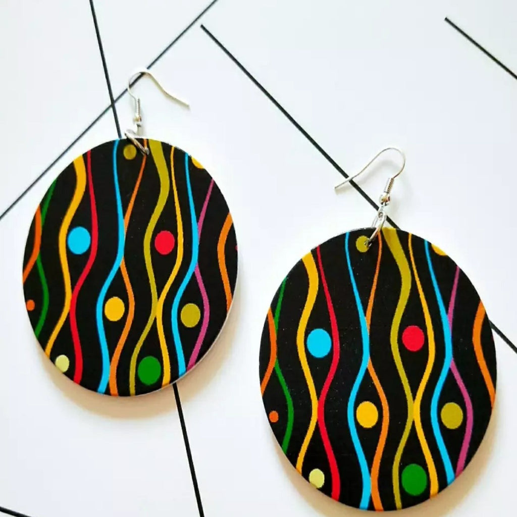 African Faux wood earrings round drop colorful
